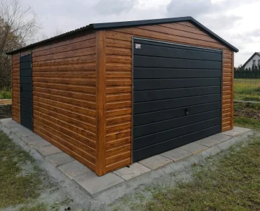 Mobilgarázs 4x5 m, nyeregtetős, billenő kapu, fautánzatú – Modell 2