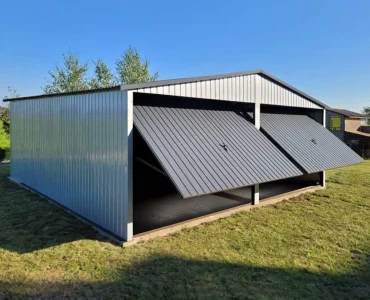 Mobilgarázs 6x5 m, kétállásos, nyeregtetős, billenő kapu, alumínium