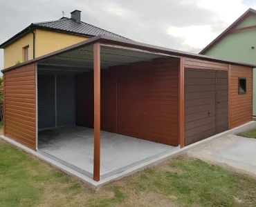 Mobilgarázs 5,5x5 m, féltetős, billenő kapu, fautánzatú, 2,5 m előtető