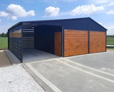 Mobilgarázs 6x5 m, kétállásos, nyeregtetős, billenő kapu, fautánzatú grafit, 3 m előtető