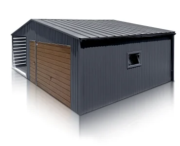 Mobilgarázs 5x5,5 m, nyeregtetős, billenő kapu, fautánzatú grafit, 3,5 m előtető