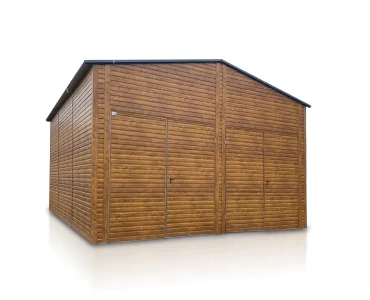 Lemezcsarnok 6,5x6 m, nyeregtetős, kétszárnyú kapu, fautánzatú