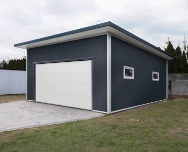 Szendvicspaneles garázs 6x6 m, grafit, szekcionált kapu fehér, 2x ablak