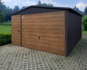 Mobilgarázs 4x5 m, nyeregtetős, billenő kapu, fautánzatú grafit