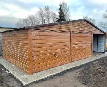 Mobilgarázs 6x5 m, kétállásos, nyeregtetős, billenő kapu, fautánzatú