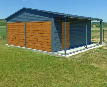Mobilgarázs 7x5 m, kétállásos, nyeregtetős, billenő kapu, fautánzatú grafit