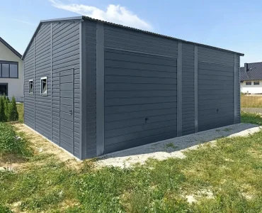 Mobilgarázs 7x6 m, kétállásos, nyeregtetős, billenő kapu, grafit – Modell 2