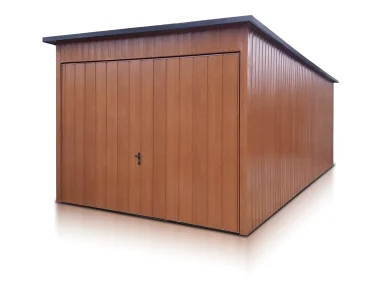 Mobilgarázs 3x6,5 m, féltetős, billenő kapu, fautánzatú