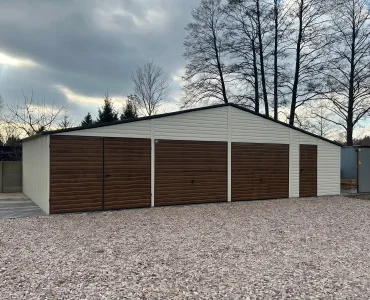 Mobilgarázs 12x6 m, háromállásos, nyeregtetős, billenő kapu, fautánzatú fehér