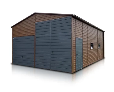 Lemezcsarnok 6x8 m, nyeregtetős, billenő kapu, fautánzatú