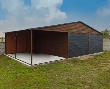 Mobilgarázs 6x5 m, kétállásos, nyeregtetős, billenő kapu, fautánzatú, 3 m előtető