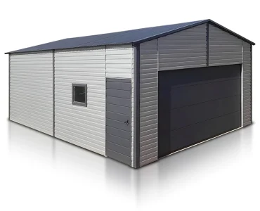 Lemezcsarnok 6x8,5 m, nyeregtetős, szekcionált kapu, alumínium