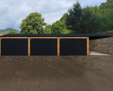 Mobilgarázs 10,5x6 m, háromállásos, nyeregtetős, billenő kapu, fautánzatú, 3 m előtető