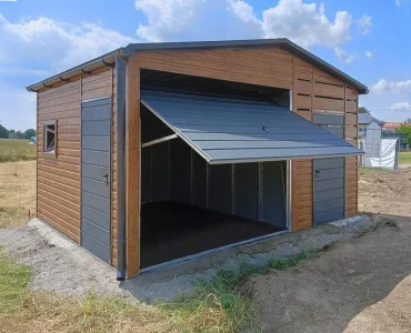 Mobilgarázs 3x4 m, nyeregtetős, billenő kapu, fautánzatú, 2 m előtető
